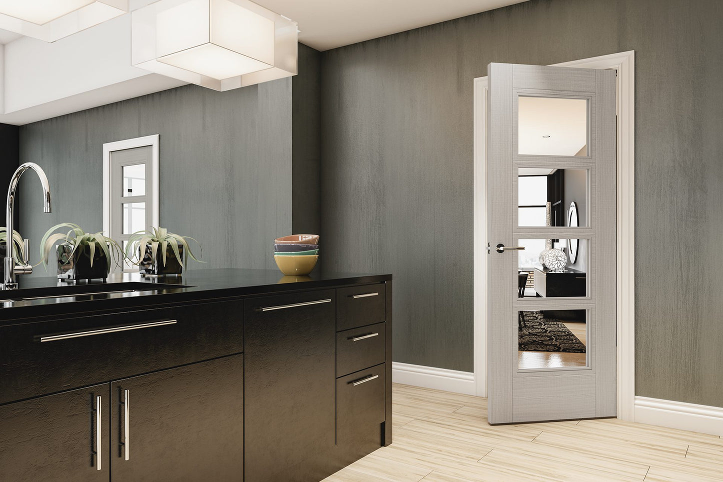 Montreal Prefinished Light Grey Ash Glazed Fire Door
