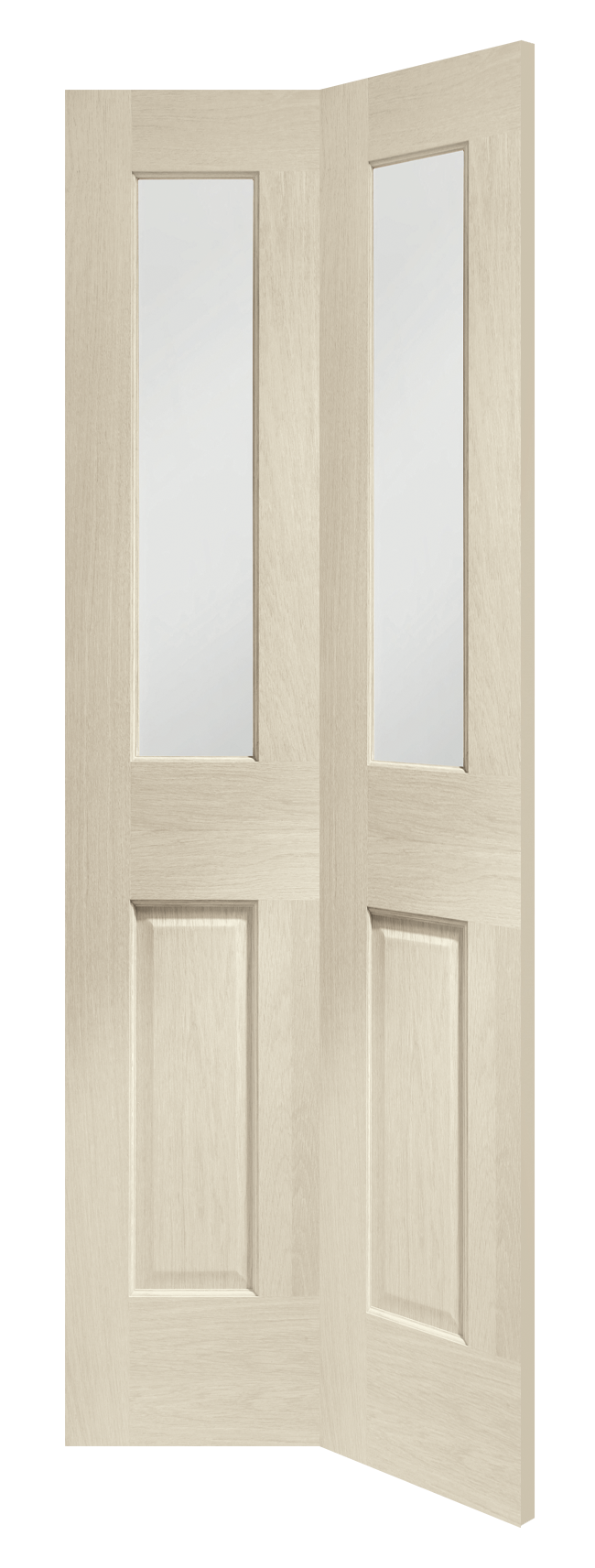 Internal Oak Malton Bi-Fold with Clear Bevelled Glass Stained in Blanco