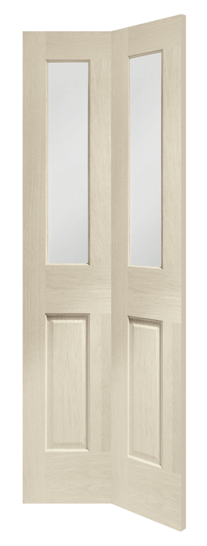 Internal Oak Malton Bi-Fold with Clear Bevelled Glass Stained in Blanco
