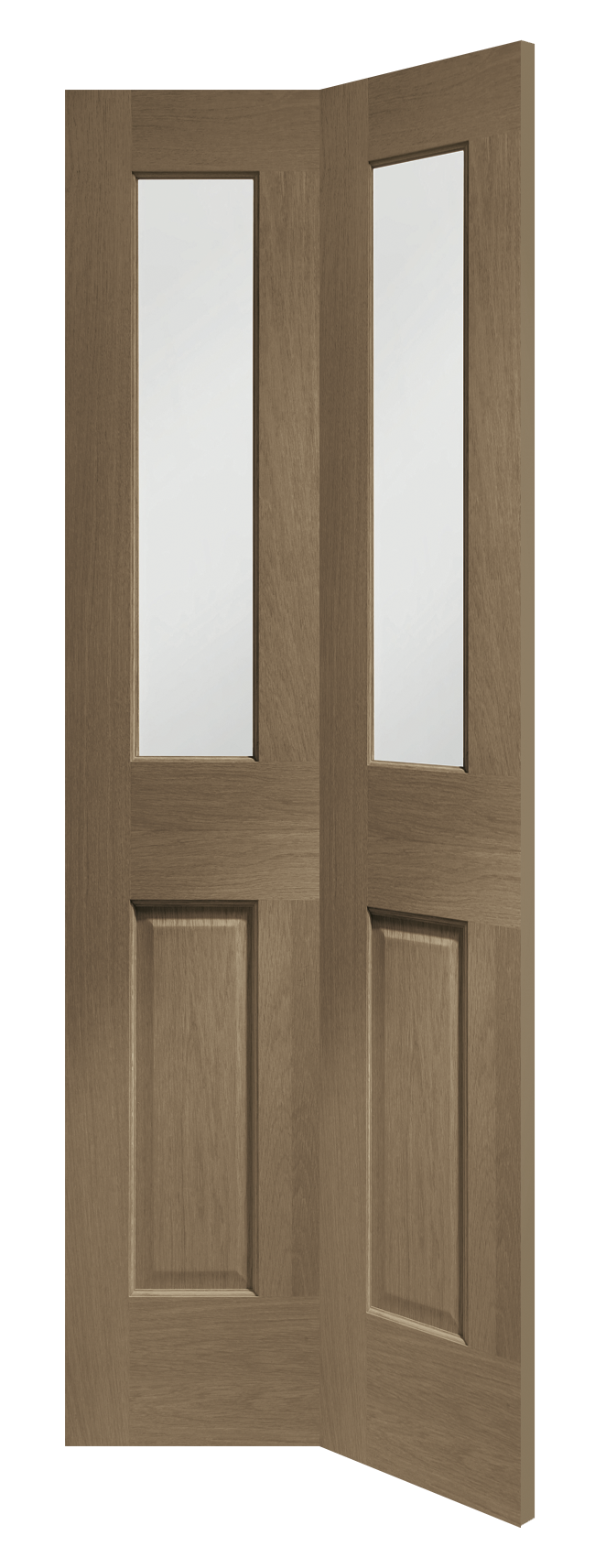 Malton Bi-Fold Internal Oak Door with Clear Bevelled Glass Stained in Cappuccino