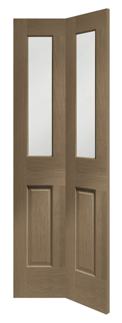 Malton Bi-Fold Internal Oak Door with Clear Bevelled Glass Stained in Cappuccino
