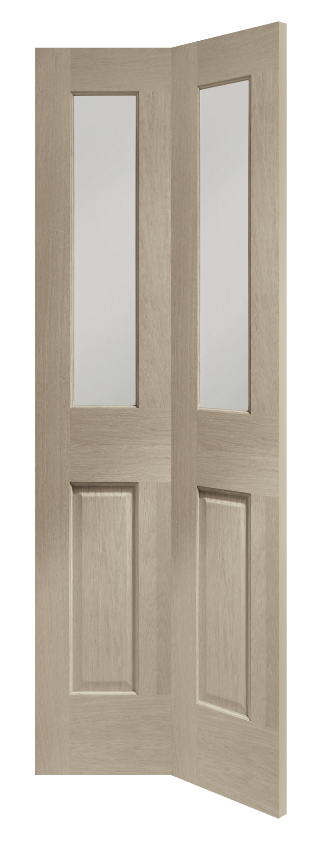 Malton Bi-Fold Internal Oak Door with Clear Bevelled Glass Stained in Crema