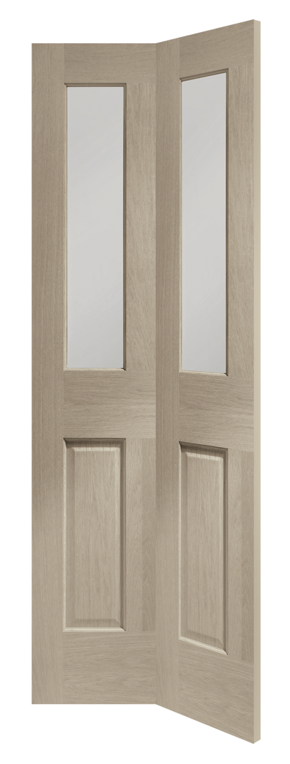 Malton Bi-Fold Internal Oak Door with Clear Bevelled Glass Stained in Crema