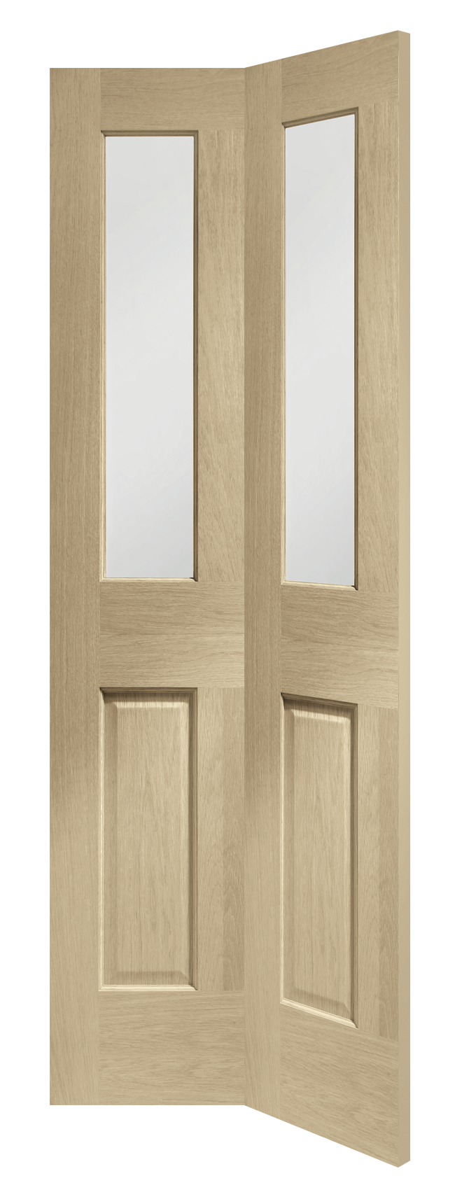 Malton Bi-Fold Internal Oak Door with Clear Bevelled Glass Stained in Latte