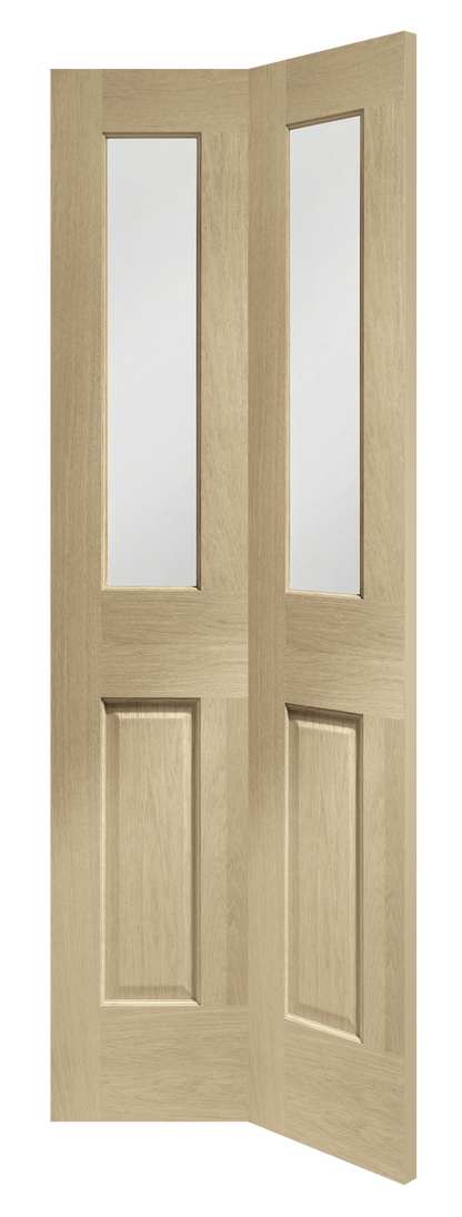 Malton Bi-Fold Internal Oak Door with Clear Bevelled Glass Stained in Latte
